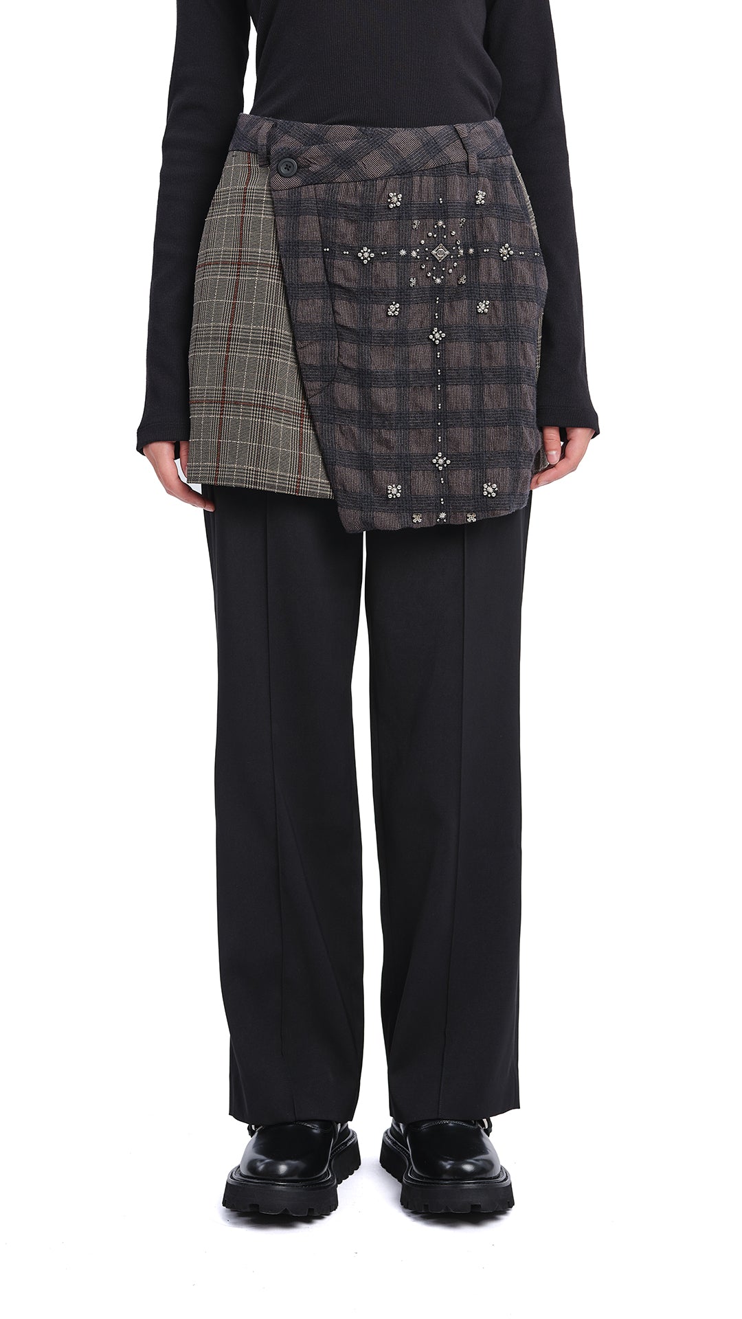 2 in 1 Straight-Fit Checker Pants with Studs